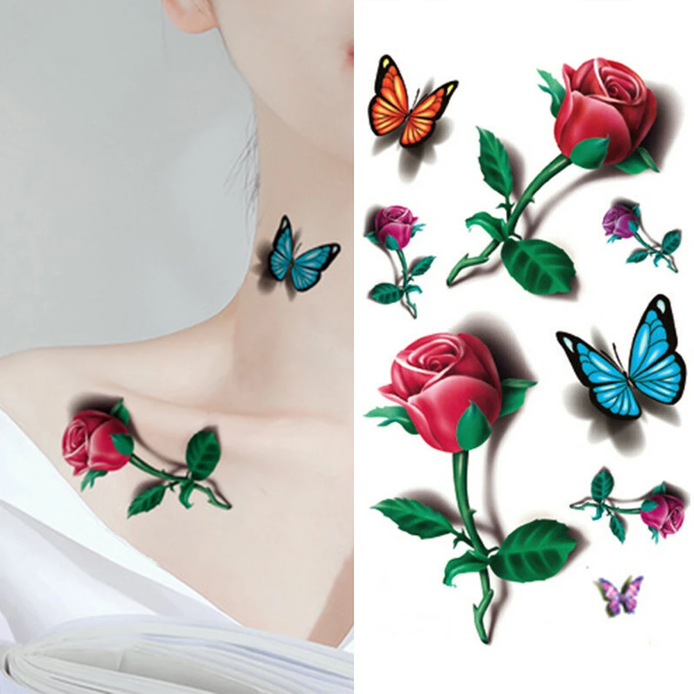 Временные тату-наклейки 3D перо бабочка роза цветок для женский боди-арт макияж