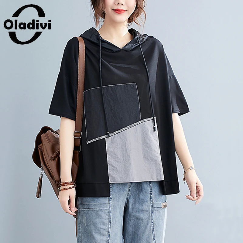

Женская блузка с капюшоном Oladivi, летняя, свободная, с коротким рукавом, большого размера, 2021