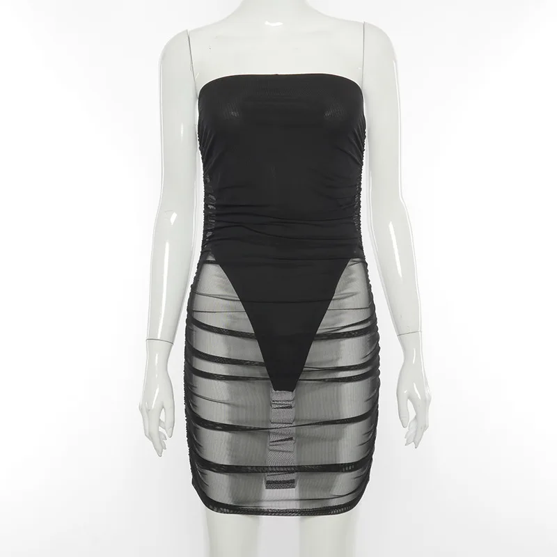 

Sexy Wrap Women Summer Mesh Sheer Mini Dress Summer Night Club Birthday Vacation Lady Clothes 2021 Pleated Party Dresses