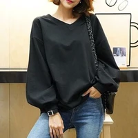 women plain hoodies autumn long sleeve solid v neck pullover sweatshirt japan elegant office causal lady tops minimalist black