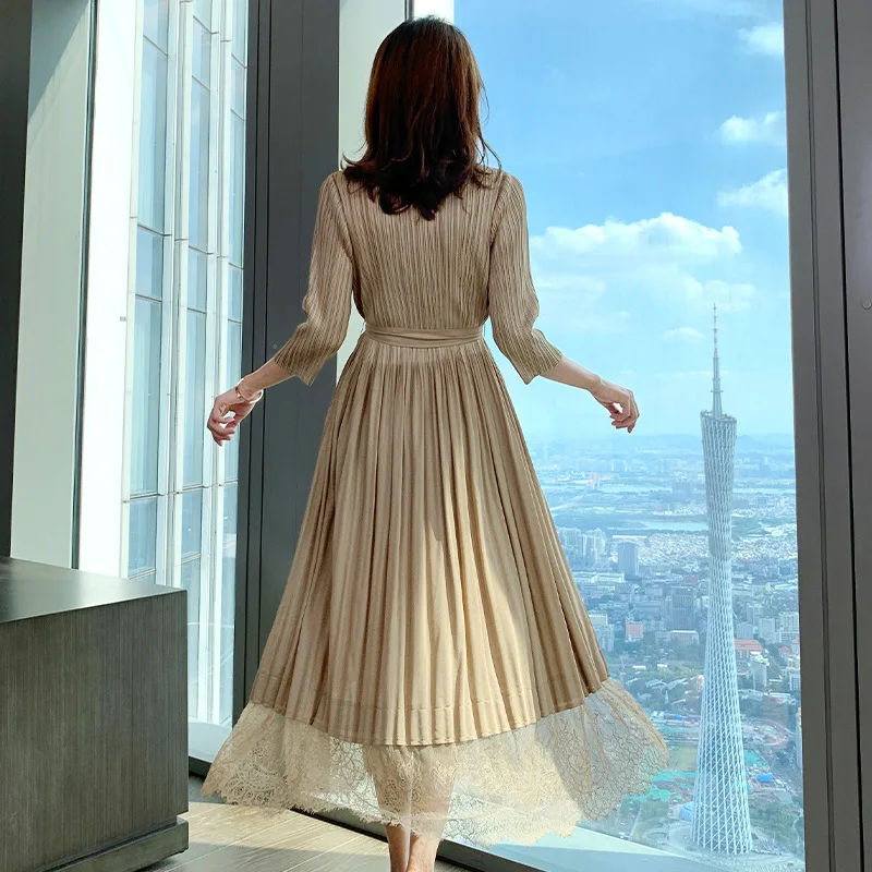 

COIGARSAM Women dress New Spring V-Neck Dresses Wine Red Black 9055