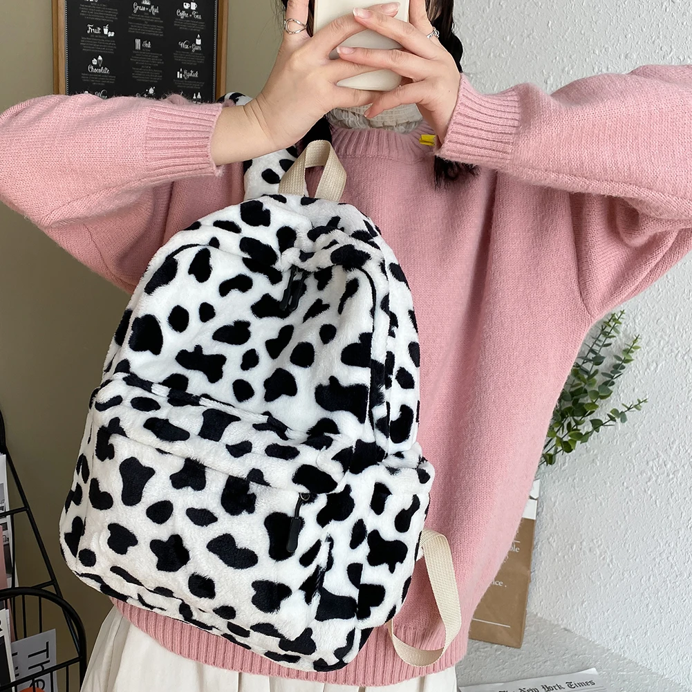 

Vintage Women Animal Cow Pattern School Bags Casual Soft Plush Student Backpack Fashion Large Capacity Street Travel Bagpacks