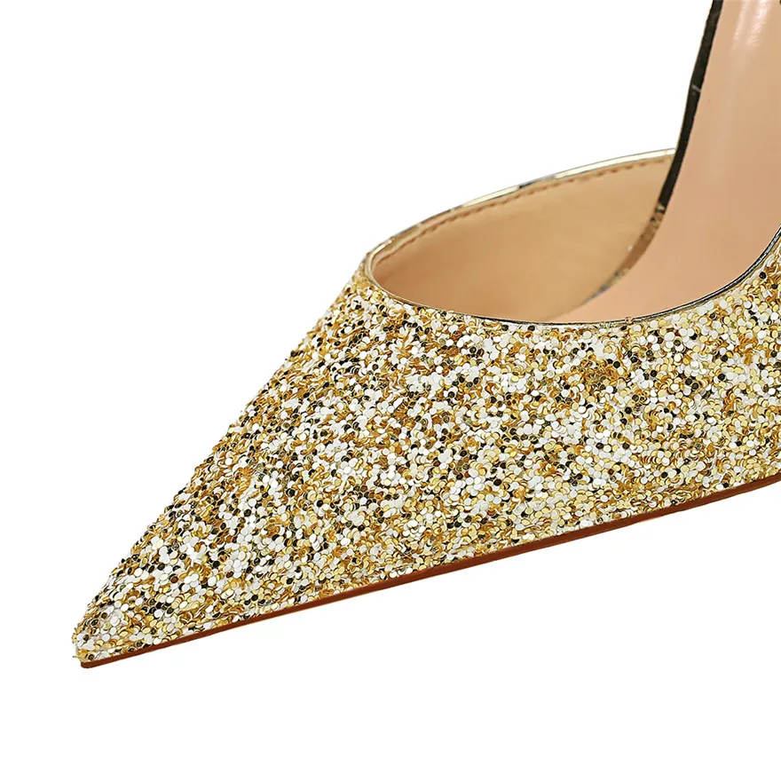 Star Style Sequined Cloth Wedding Shoes For Women New Autumn Stiletto High Heels Pointed Toe Female Side Hollow Sexy Party Pumps
