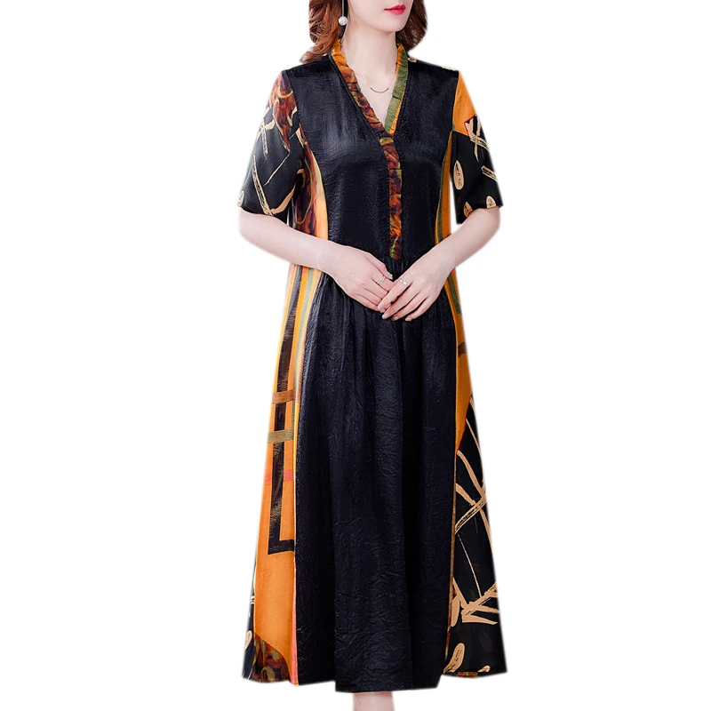 

COIGARSAM 4XL Plus Size Silk Women dress New Summer Dresses Black 9968