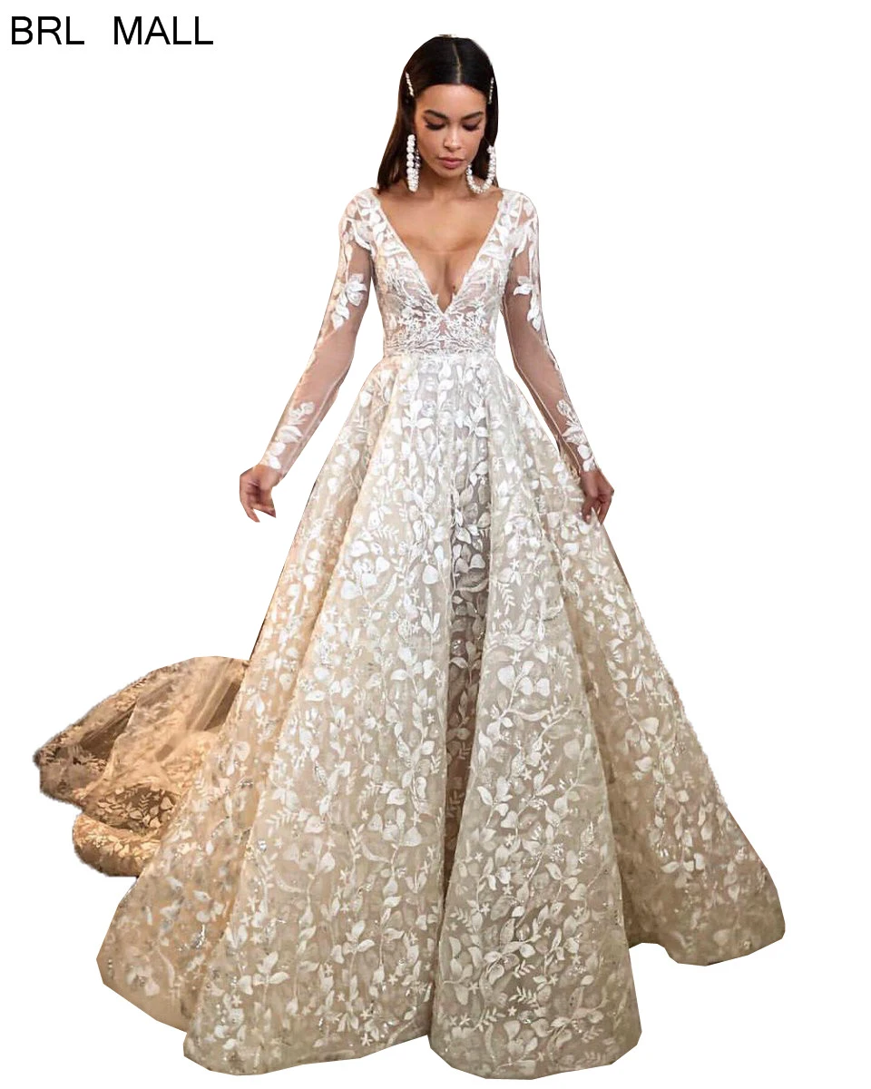

Robes de marie 2020 Deep V Neck Long Sleeves Wedding Dresses Ivory Appliques Lace Bridal Dress Vestido de novia Wedding Gowns