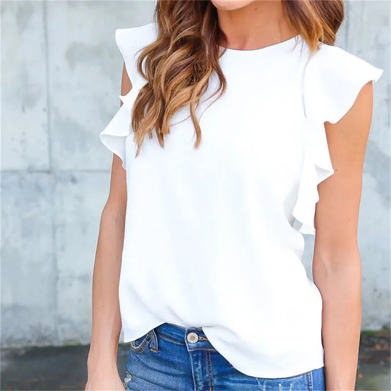 

2020 New Ladies Top Chiffon Lotus Leaf short-sleeved Round Neck Blouse Temperament Comfortable Wild Solid Color Top