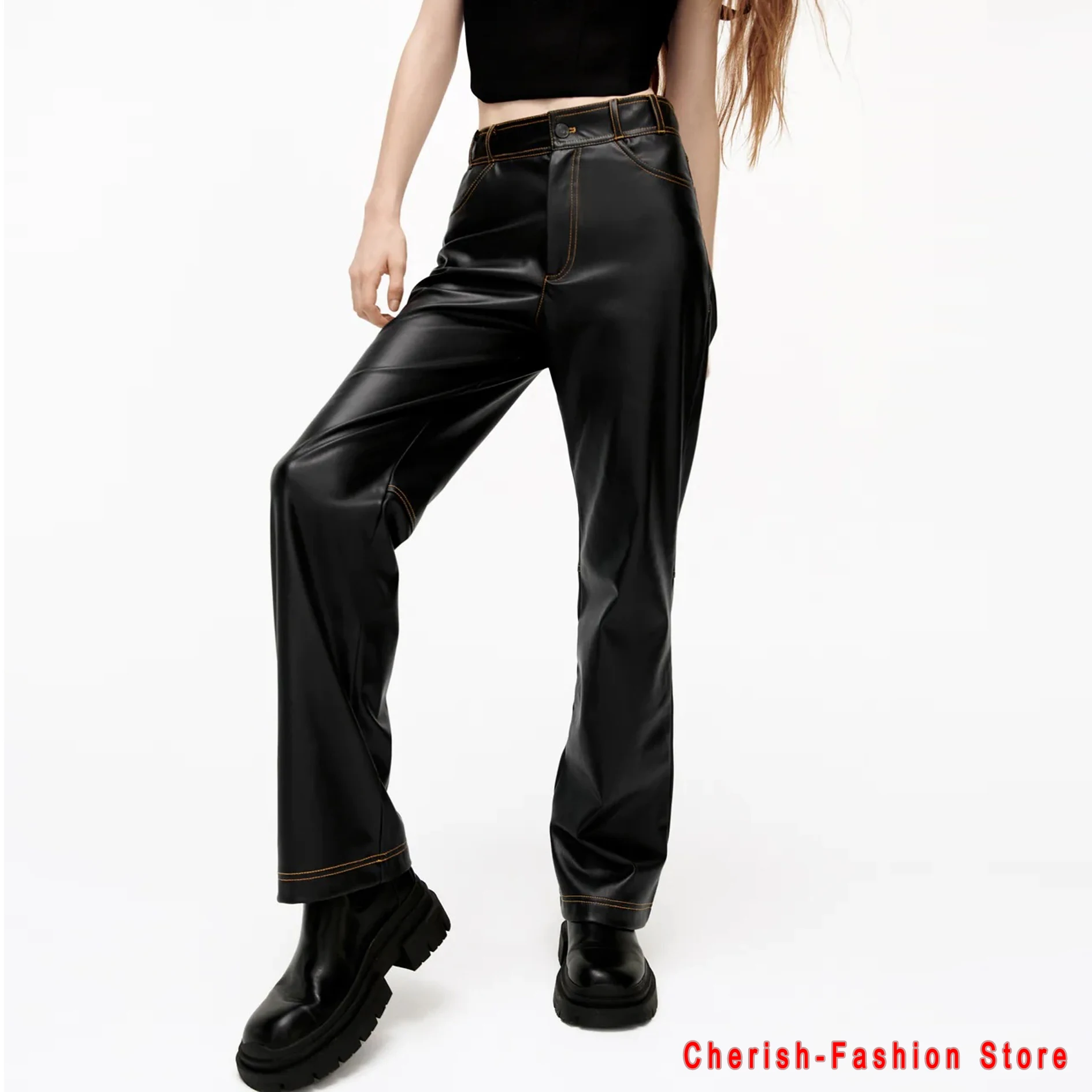 

2021 Fashion Autumn Winter Women High Waisit Faux Leather Trousers Lady Black Jeans PU Zippers Skinny Stretch Cargo Pants Brand