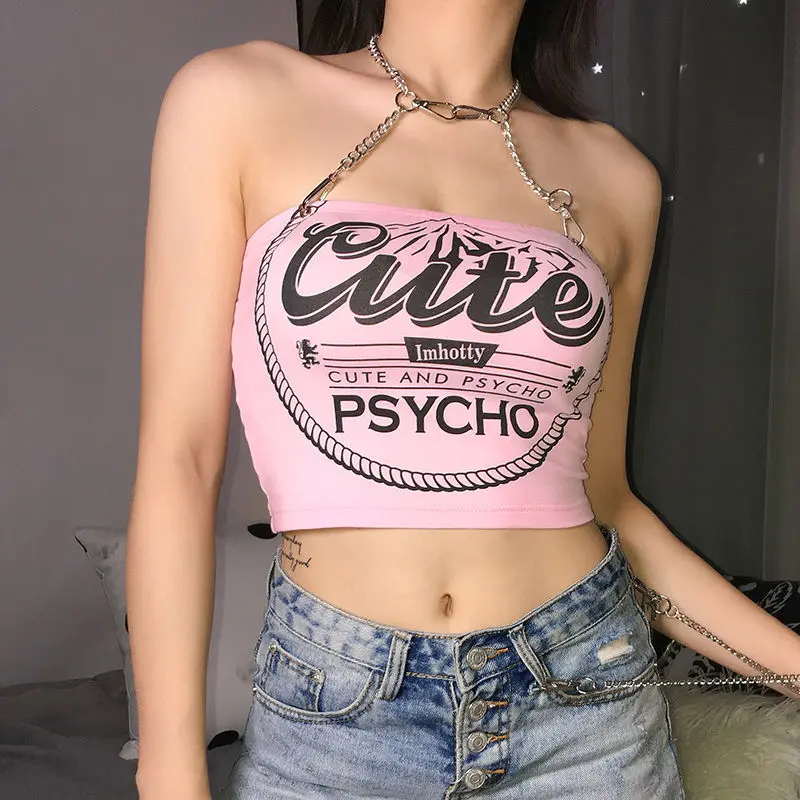 

Summer Hot Selling New Punk Gothic Metal Chain Personality Trend Tank Tops Female Pink Letter Printed Cute Top Sling Streetwear