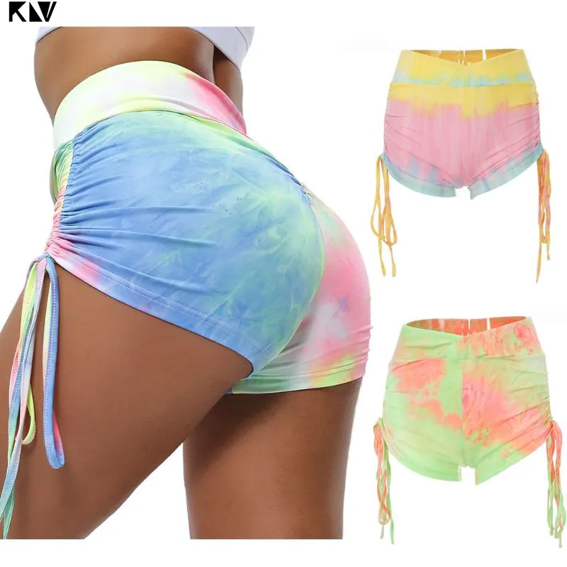 Vrouwen Cross Front Hoge Taille Sport Shorts Neon Rainbow Tie-Dye Workout Running Leggings Ruches Butt Lifting Compressie Panty Vrouwen Cross Front Hoge Taille Sport Shorts Neon Rainbow Tie-Dye Workout Running Leggings Ruches Butt Lifting Compressie Panty