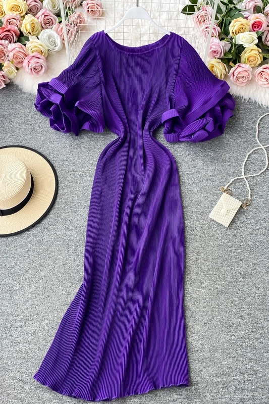 

Korean Pleated Women Dress Flare Short Sleeve O-neck Causal Dresses 2021 Summer Fashion A-line Vestidos De Fiesta Pink Robes