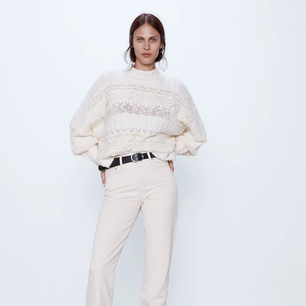 Свитер ZA в Корейском стиле Женский пуловер с воротником средней длины оборками и