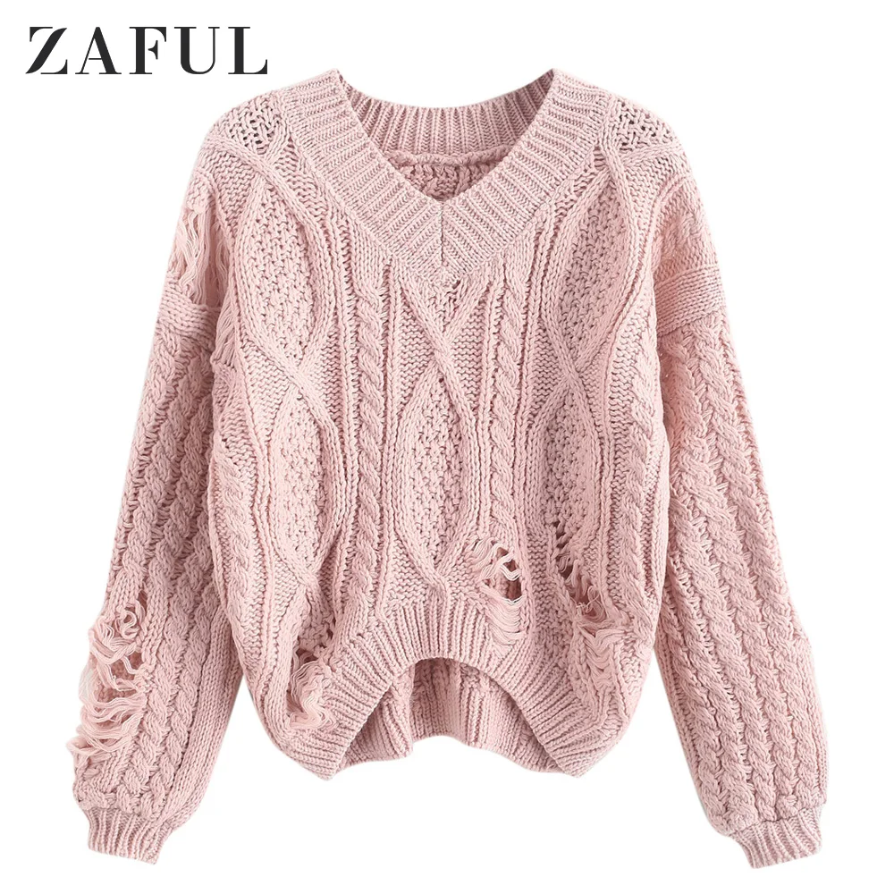 ZAFUL осень зима женские рваные кабель вязать Падение плеча трикотажные короткие