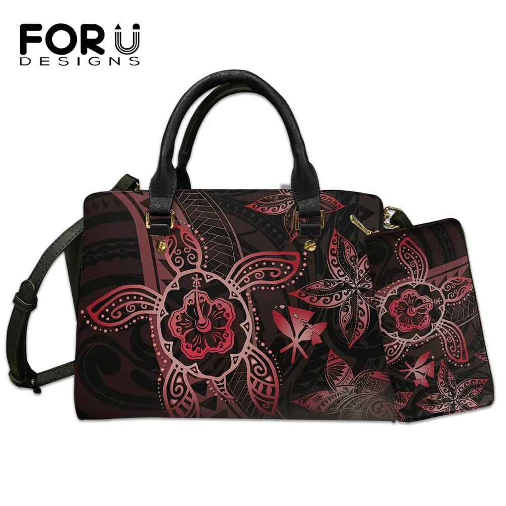 

FORUDESIGNS Women Polynesian Tribe Bags Handbag 2Pcs Kanaka Hibiscus Plumeria Turtle Printed Female Casual Totes Clutch Purse