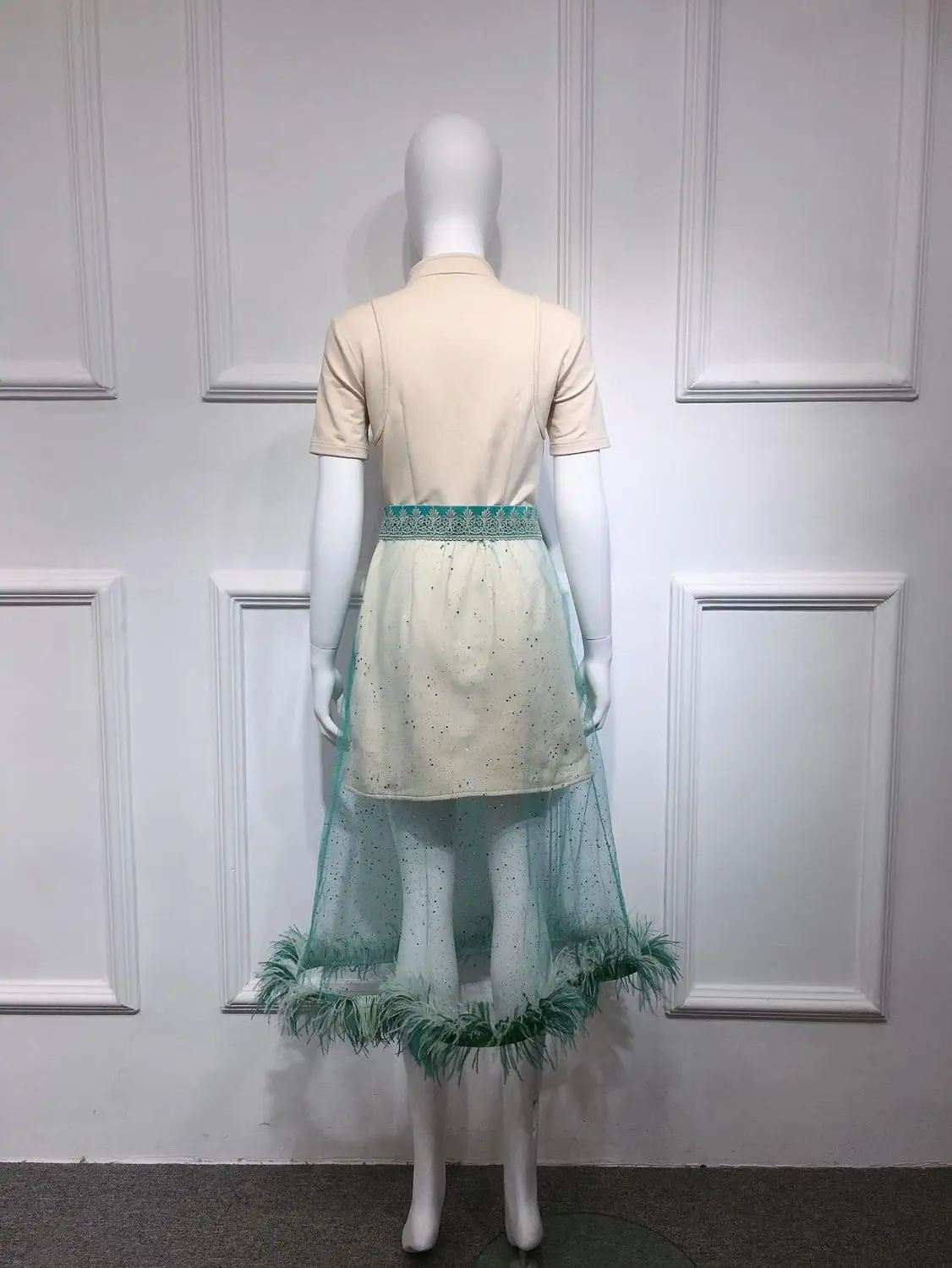 Женская сетчатая юбка WHITNEY WANG блестящая уличная макси с перьями на подоле