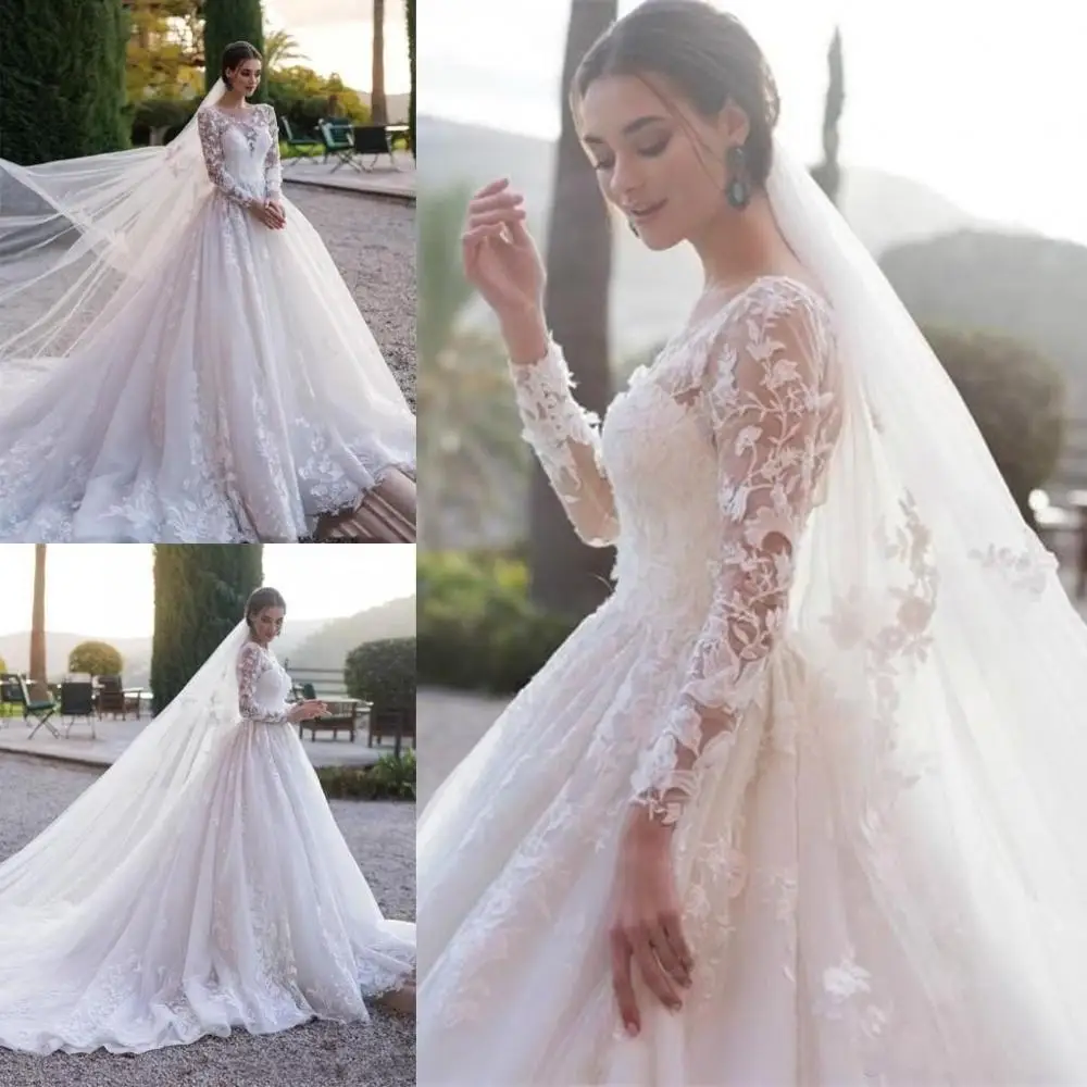 

Modest Lace Long Sleeve Wedding Dresses Arabic Muslim A Line Sheer Neck Appliqued Ruched Long Formal Bridal Gowns Custom Made