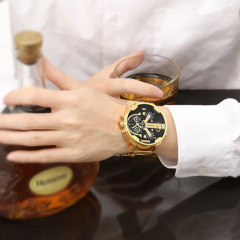 hot fashion mens watches top brand luxury cagarny dual display military relogio masculino gold steel quartz watch men male clock free global shipping