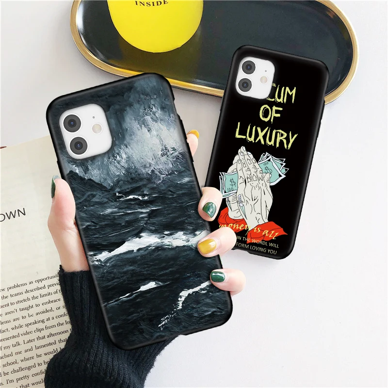uigo art oil painting black phone case for iphone 12 11 pro se 2020 xr xs max x 6 6s 7 8 plus soft tpu back cover fundas coque free global shipping