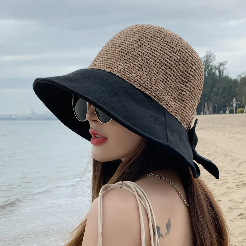 Шляпа женская Соломенная с широкими полями Классическая Складная шапка бантом