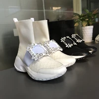 koovan womens boots 2020 new crystal buckle socks shoes women trend super platform elastic genuine leather casual sneakers