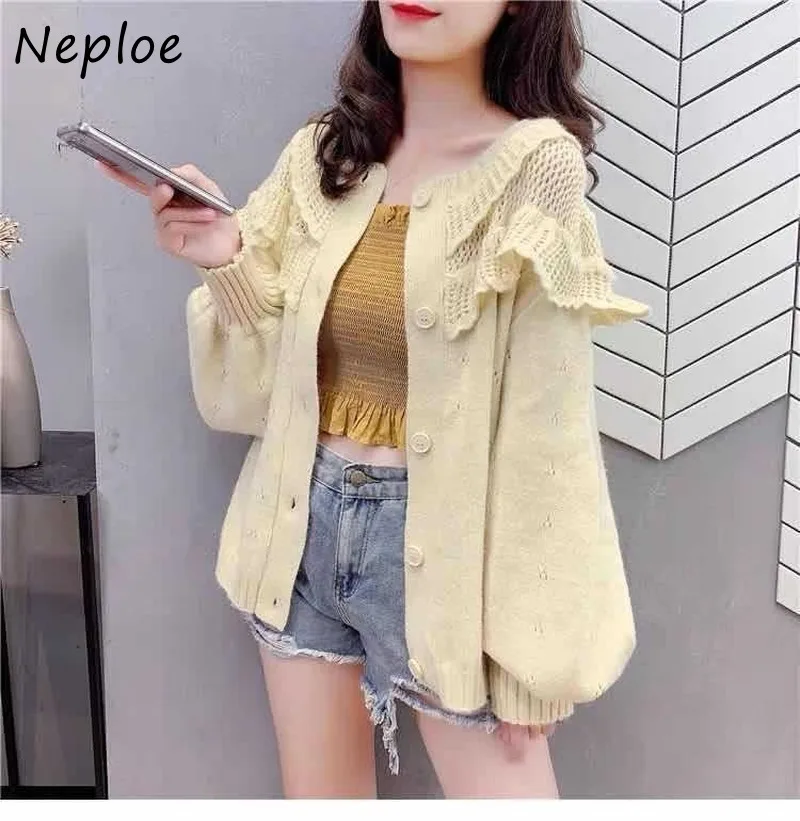 Женский вязаный кардиган Neploe свитер с рукавами-фонариками и круглым вырезом