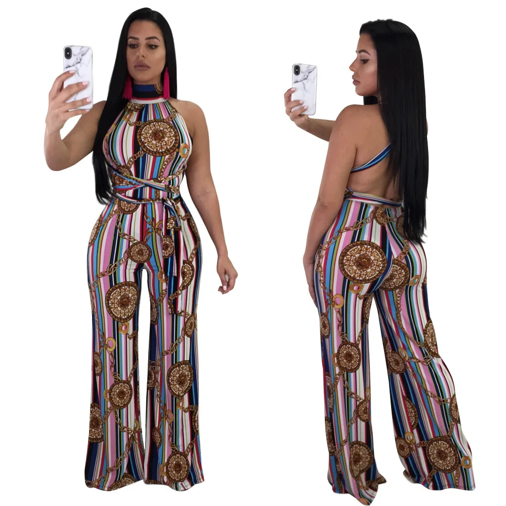 

68L6248 Spring and summer fashion sexy and versatile open back and neck print Jumpsuit women clothes one piece jumpsuit