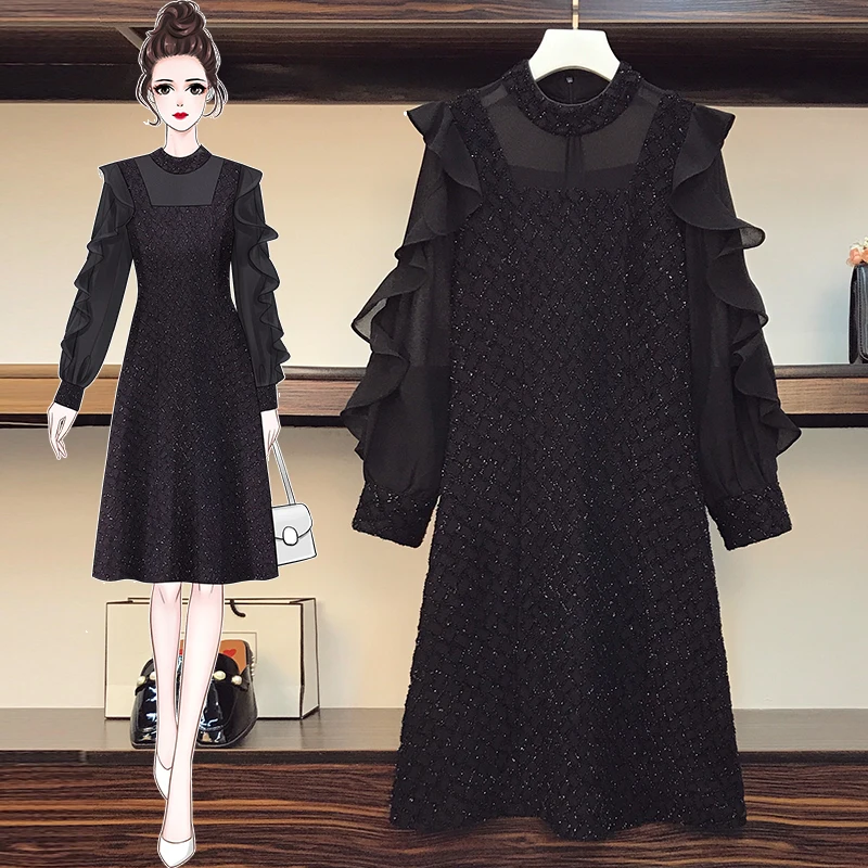 

L-4XL Plus Size Women Party Dress Spring 2021 See Through Chiffon Ruffle Long Sleeve Patchwork Elegant Ladies Black Dresses