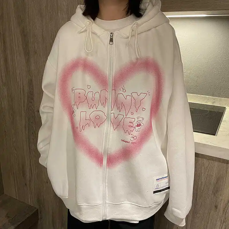 

2021 new heart-shaped letter printed zipper hoodies women's Y2K hip-hop streetwear sweatshirt oversized casual loose hoodies top