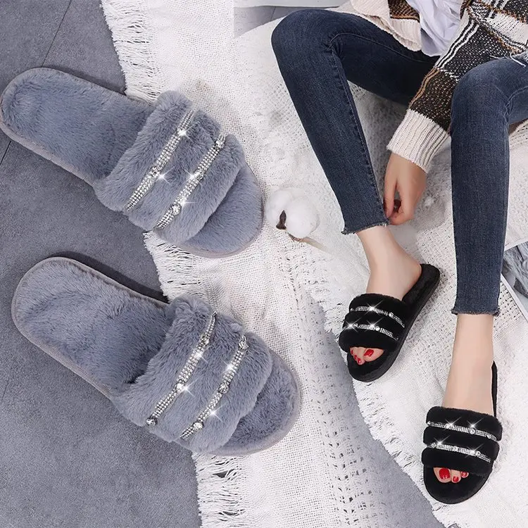 

Shoes Slippers Casual Flock Med Slipers Women Slides Fur Flip Flops Luxury Massage 2021 Plush Flat Rome Rubber with fur Basic