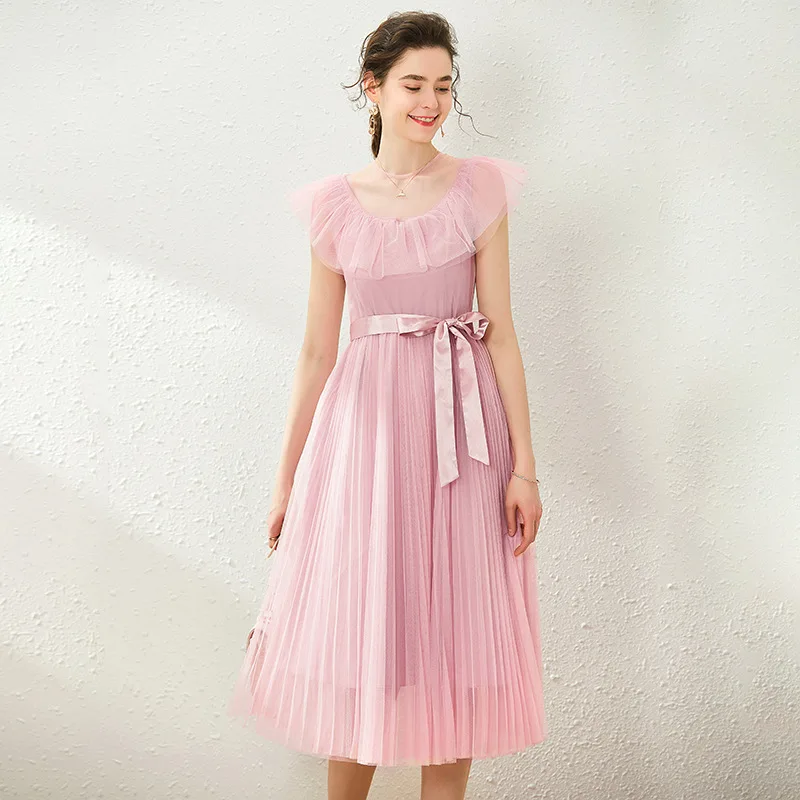 

Mesh Dress Women 2020 Summer New Solid Color Fashion Round Neck Lace-Up Waist Bow Slim A-Line Dress Pink Blue Clothing S-L
