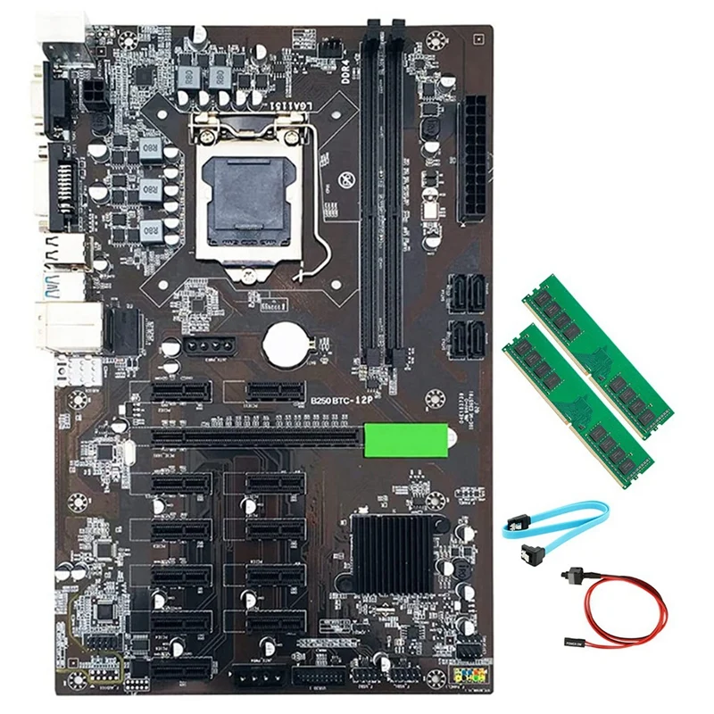 

B250 BTC Mining Motherboard LGA 1151 12 PCI-E16X Graph Card with 2XDDR4 4GB 2666MHZ RAM+SATA Cable+Switch Cable
