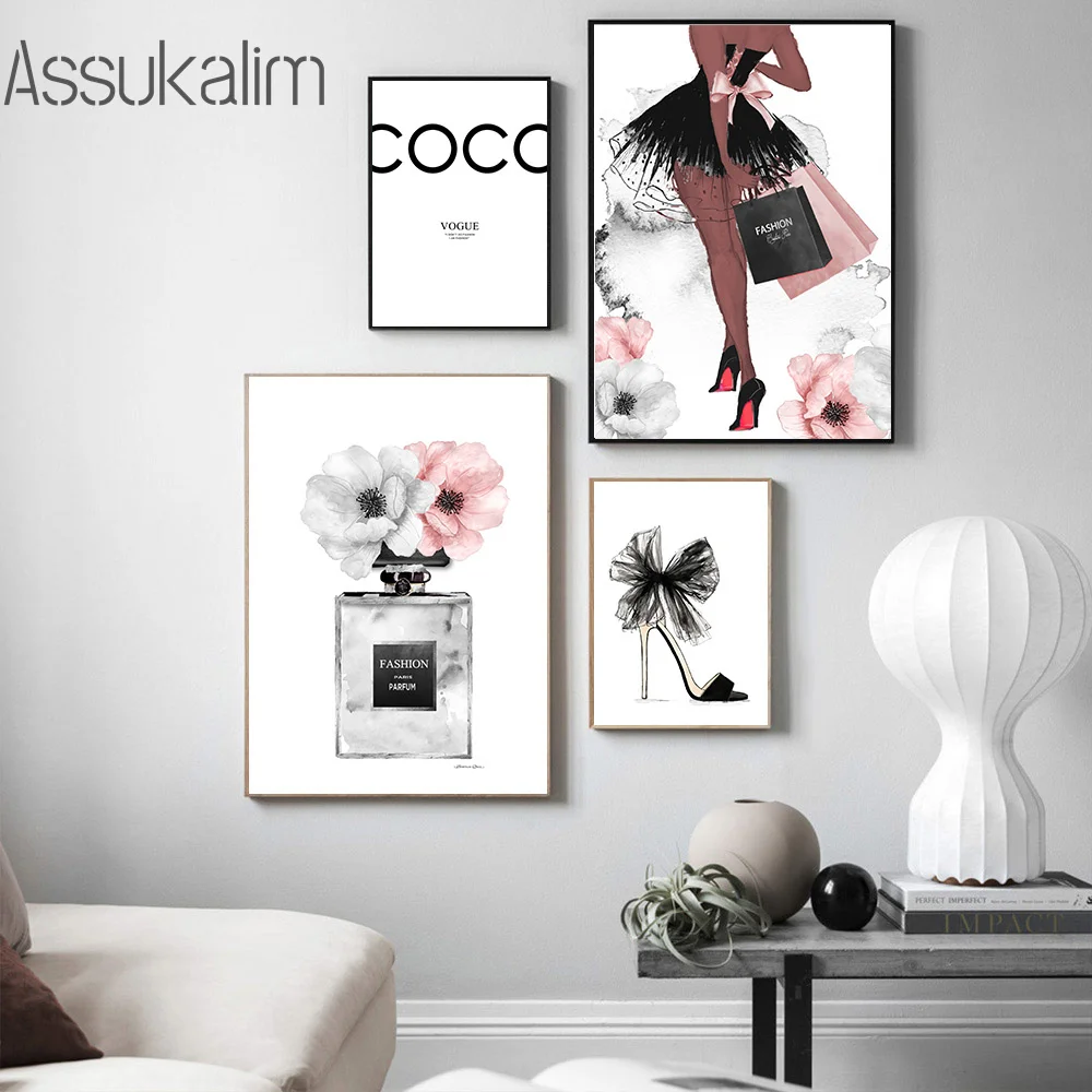 Модные плакаты принты флакон духов настенная Картина на холсте цветочные цитаты