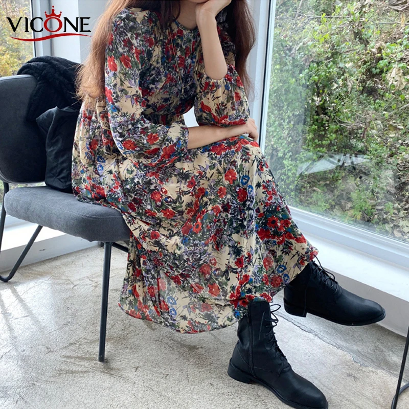 VICONE Design Flower Waist Long Sleeved In The Render Dress Elegant | Женская одежда