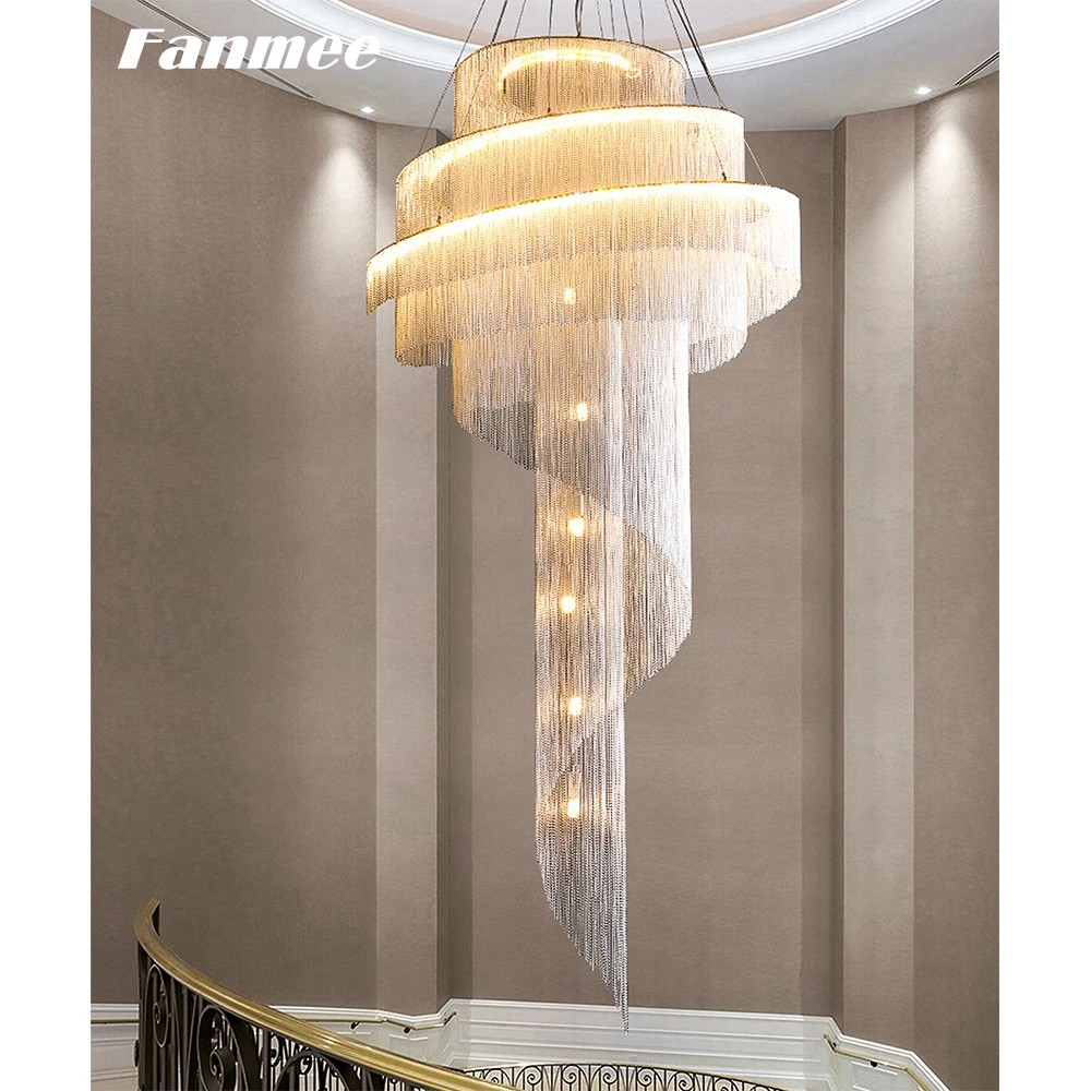 売る ノルディックアルミ文字列シャンデリアライトは、現代のスパイラルクロームタッセルランプ屋内アールデコ調のリビングルーム階段ロフト