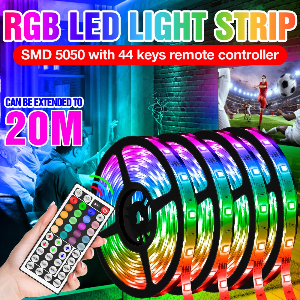 

5M 10M 15M 20M LED Light Strip RGB 5050 Strip LED Lamp DC12 Flexible Ribbon LED RGB Diode Tape IR Controller Luces TV Backlight
