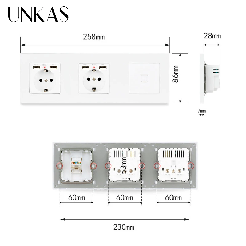UNKAS ПК пластиковая панель двойная планка с 4 USB-портами для зарядки +