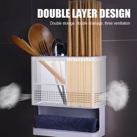 chopstick cage double deck three grid design punch free storage bucket wall mounted draining rack for kitchen tableware