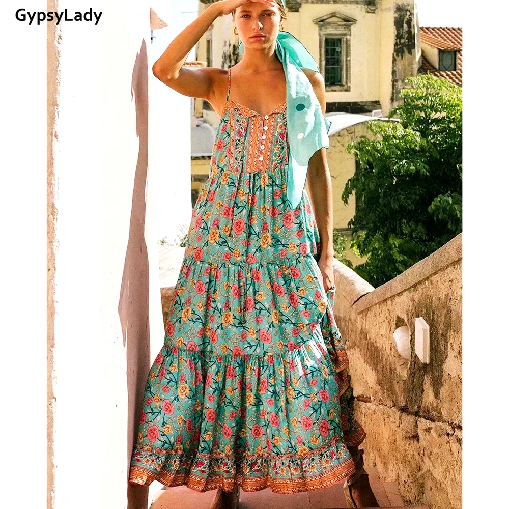 

GypsyLady Vintage Chic Women Maxi Dress Floral Print Sleeveless Beach Long Dress Bohemian Rayon Ladies Summer Spaghetti Dresses