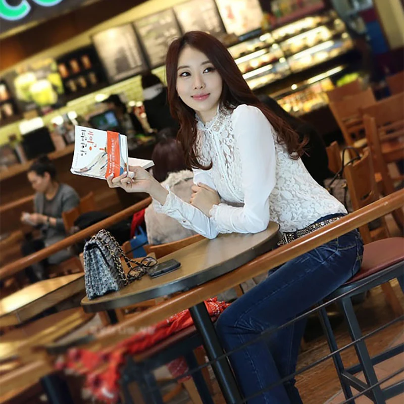 Кружевная рубашка из двух частей топ с воротником стойкой блузка длинным рукавом