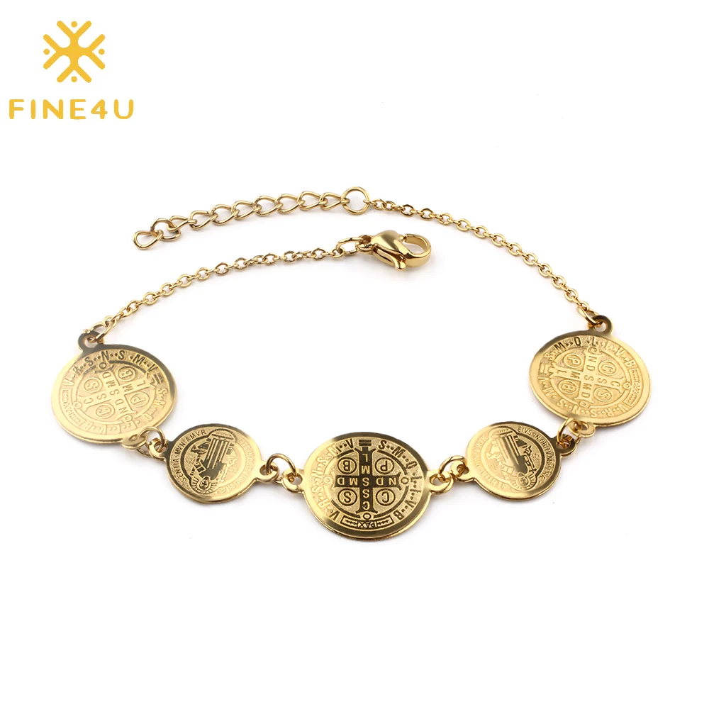 

FINE4U B422 Gold Color Saint Benedict San Benito Medal Charm Bracelet for Ladies or Women
