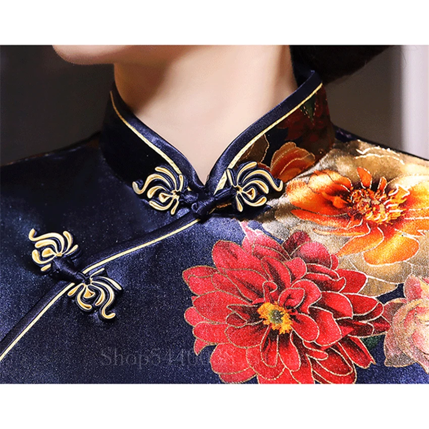 

Women Vintage Cheongsam Dress Elegant Floral Chinese Traditional Oriental Wedding Qipao Velvet Noble Evening Party Costume