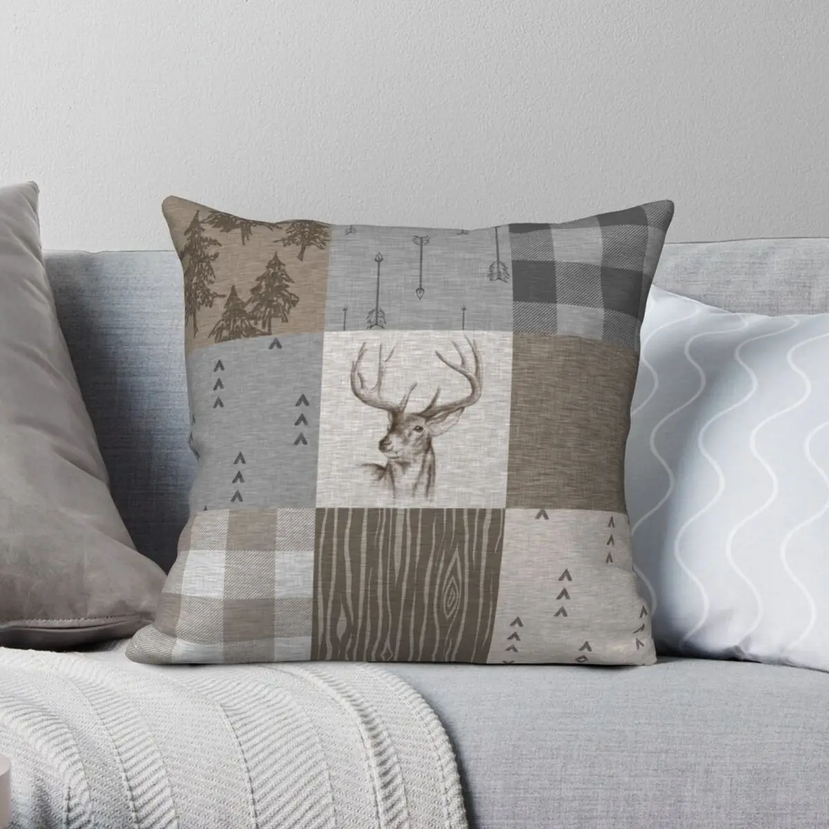 

Deer Patchwork Rustic Neutrals Square Pillowcase Polyester Linen Velvet Pattern Zip Decorative Bed Cushion Cover Wholesale