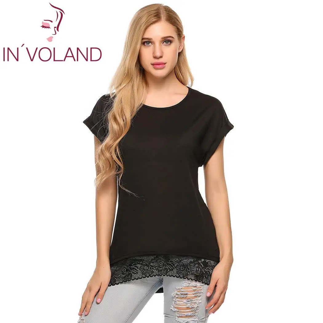 Женская летняя футболка с коротким рукавом топы кружевной отделкой