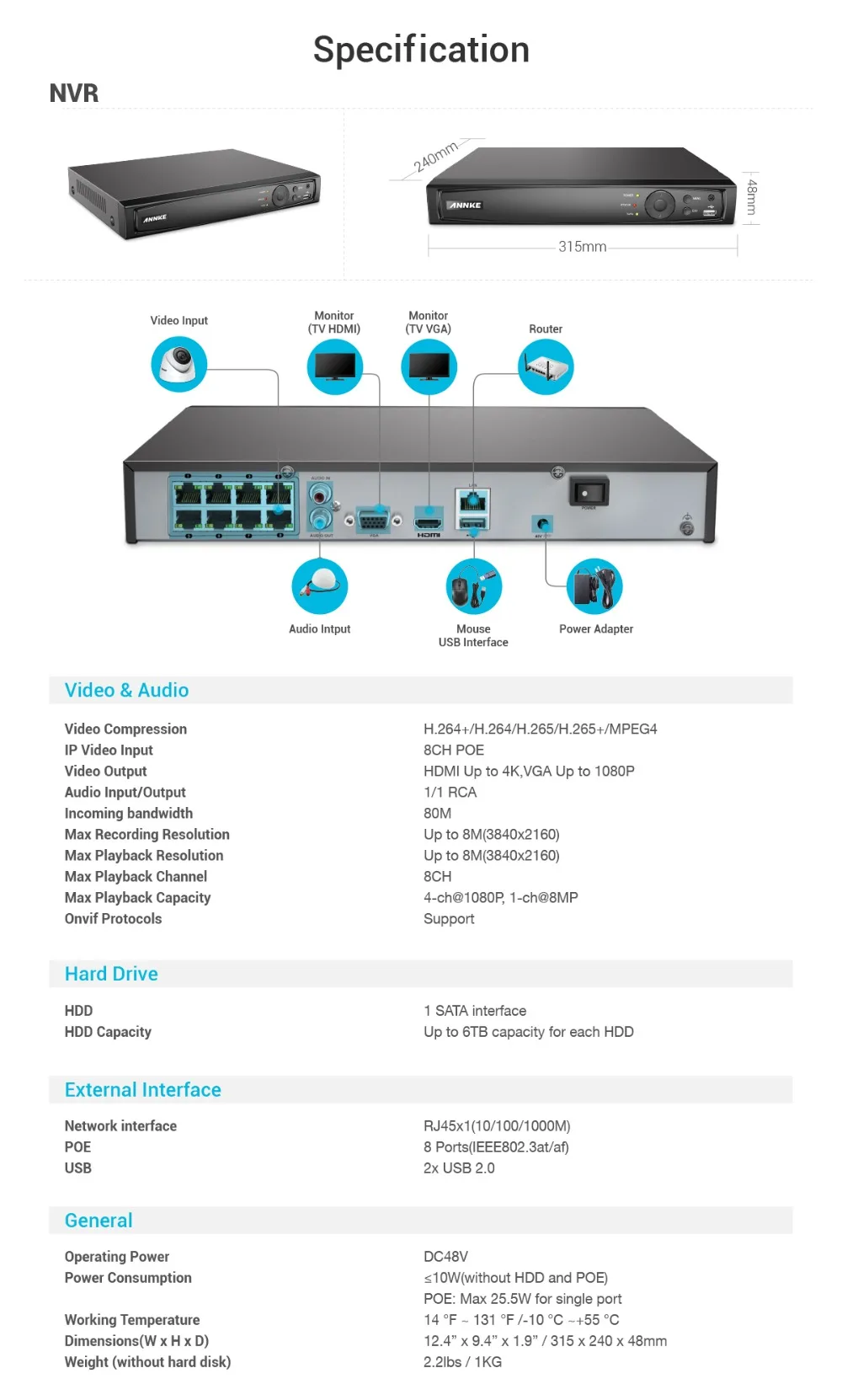 ANNKE 8CH 2MP со сверхвысоким разрешением Ultra HD, POE сетевой видеорегистратор безопасности Системы 8MP H.265 NVR с 4X2 Мп возможностью погружения на глубину до 30 м Ночное видение всепогодный IP CCTV Камера