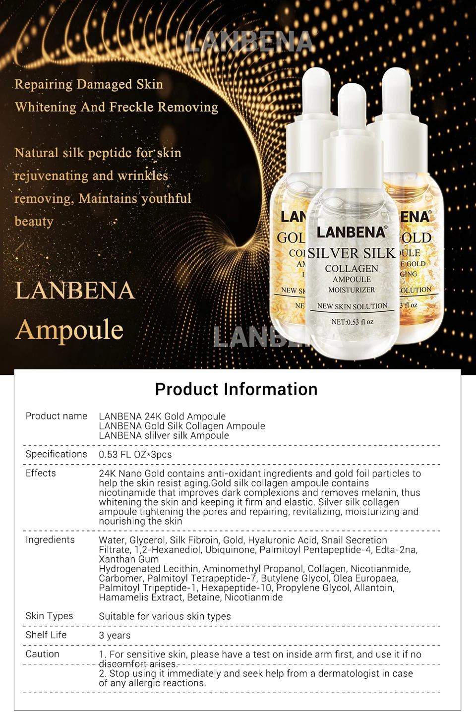 LANBENA 24K золото/серебро шелк/золото шелк Коллаген Сыворотка для лица антивозрастной осветление пятен увлажняющий и укрепляющий кожу уход