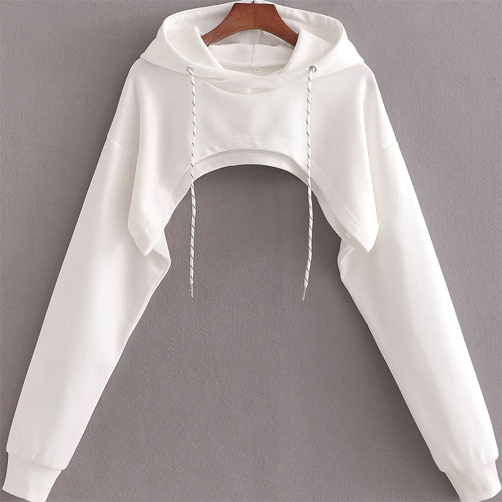 

ZXQJ Women 2020 Fashion Half-length Ultra-short Hooded Vintage Long Sleeves Plus Fleece Sense Female Pullovers Chic Tops