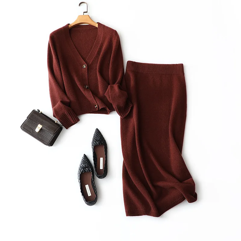 

Fashion Two Piece Set Women's Knit Jackets+pencil Skirts Cashmere Winter Single Breasted Office Lady 2 Piece Sets Womens Outfits