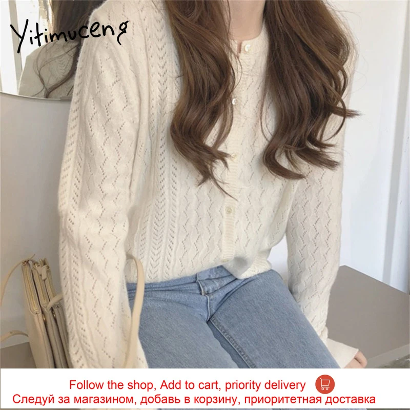 

Yitimuceng Open Stitch Women Sweaters Cut Out Button Up Straight 2021 Spring Summer White Gray Korean Fashion New Knited Tops