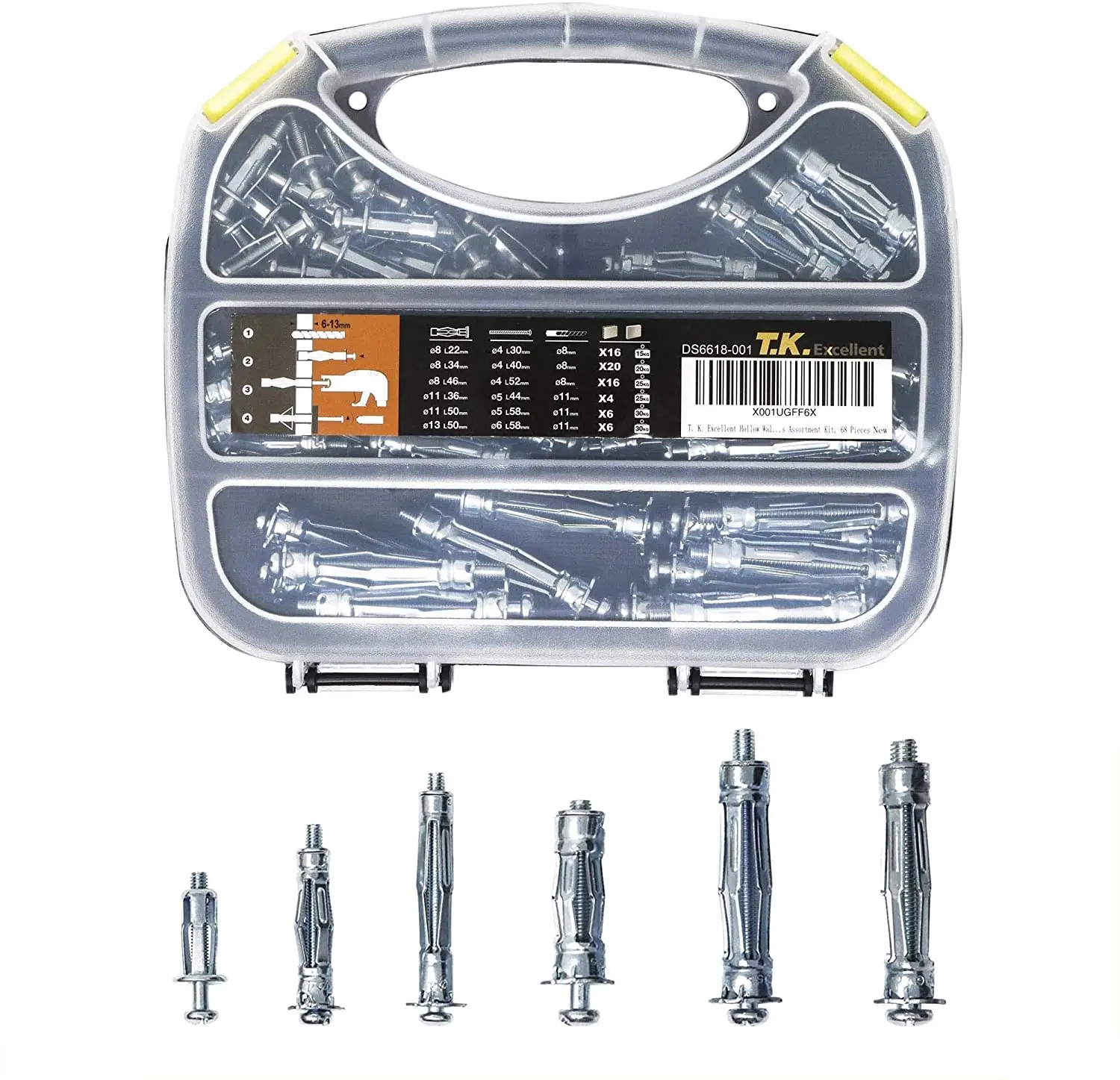 T.K.Excellent Zinc Plated Heavy Duty Metal PLASTERBOARD Cavity Wall FIXINGS Anchors Plugs Kit 68 Pieces |