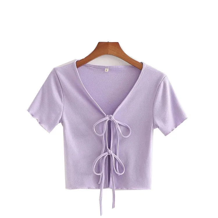 

Temperament sexy lace-up hollow out before the bosom cardigan t-shirts of cultivate one's morality show thin summer garment