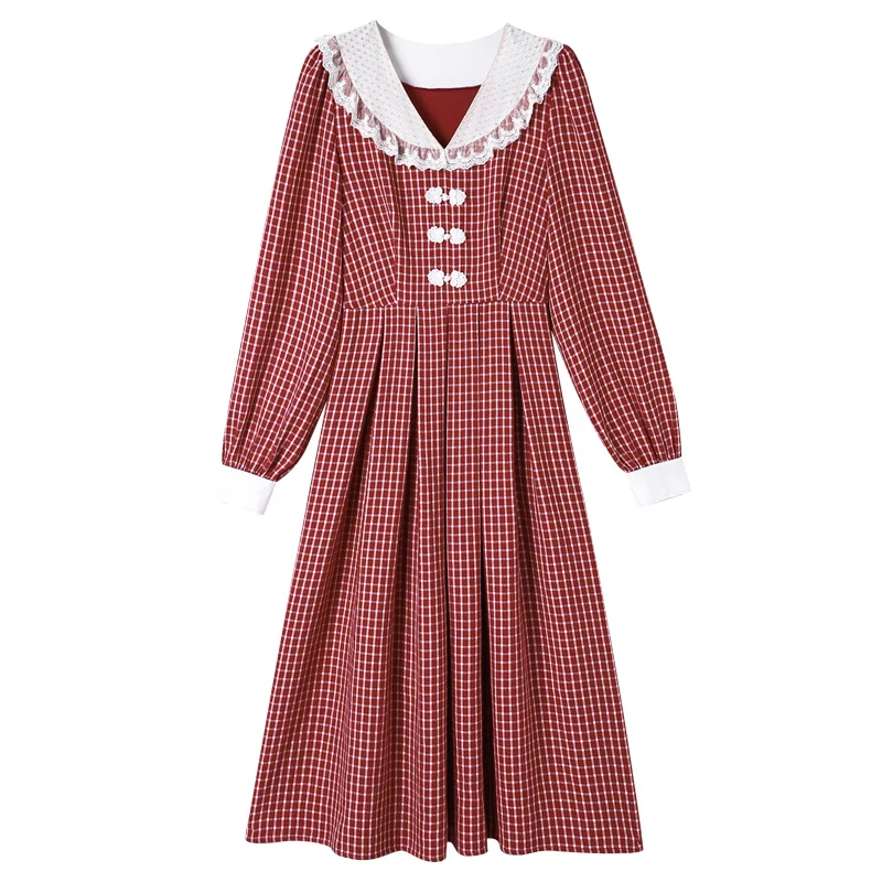 

French retro sweet lady mid-length skirt 2021 spring new temperament ladies style doll collar dress women